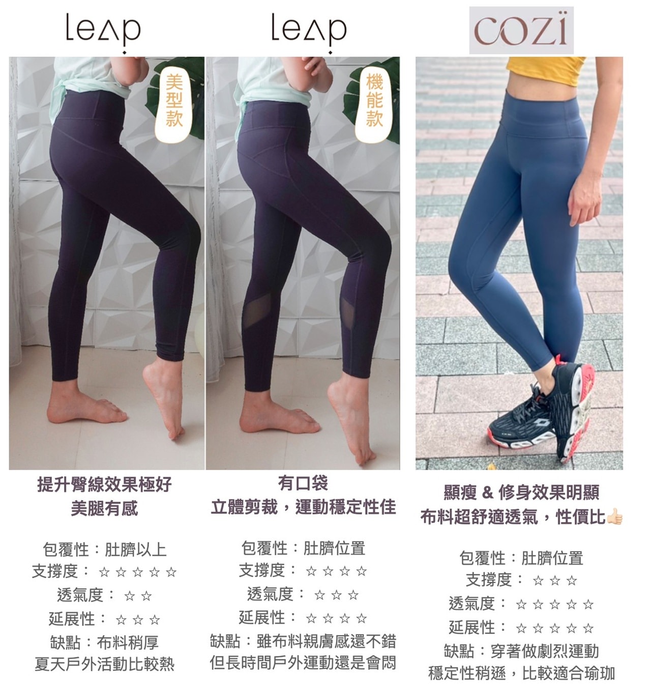 Leap跟Cozi瑜珈褲比較。